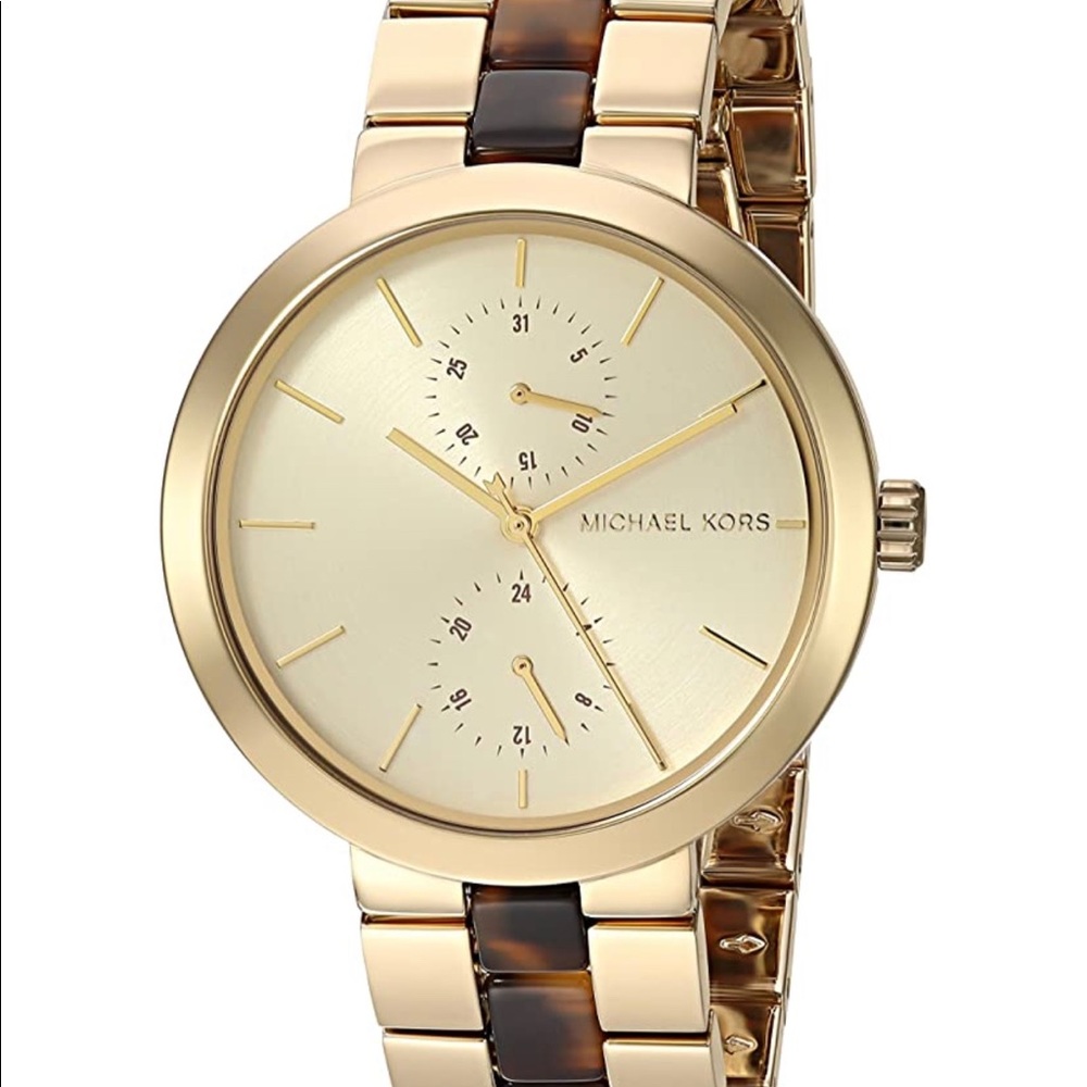 Michael Kors gold tone case with tort acetate